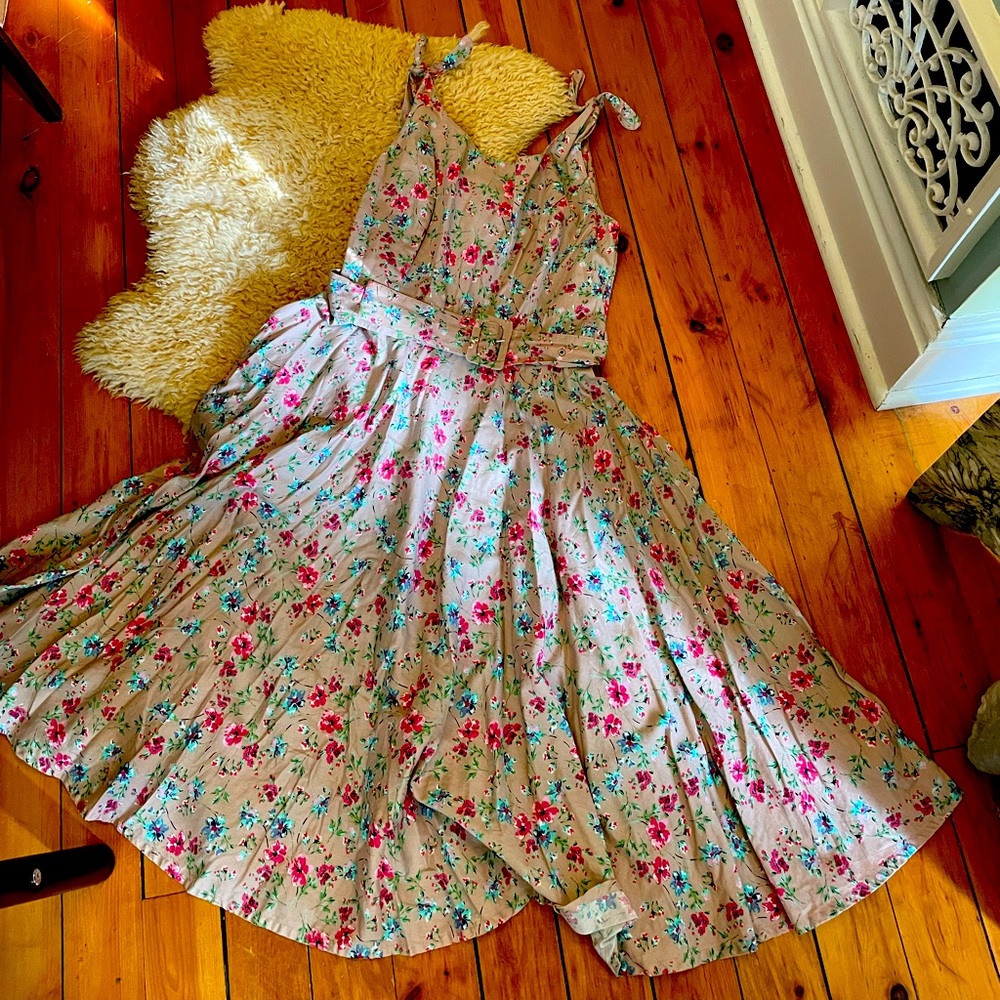 Floral Tie-Shoulder Midi Dress in Light Cream with Pink & Teal Flowers